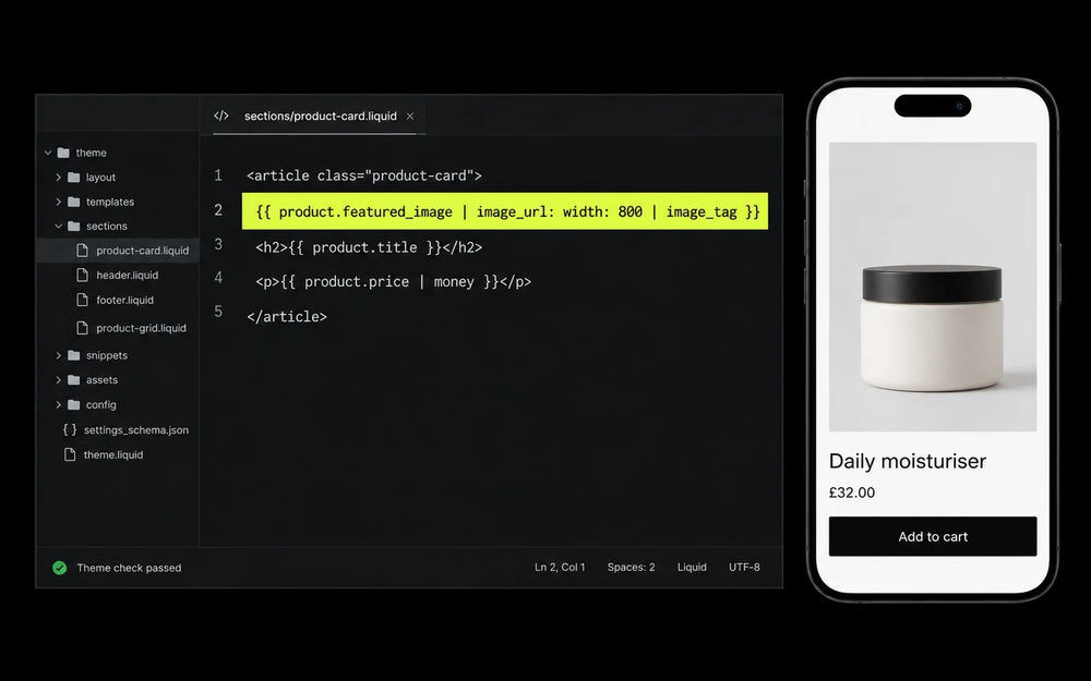 Shopify theme code editor with a product card section open, beside a phone preview of the product card