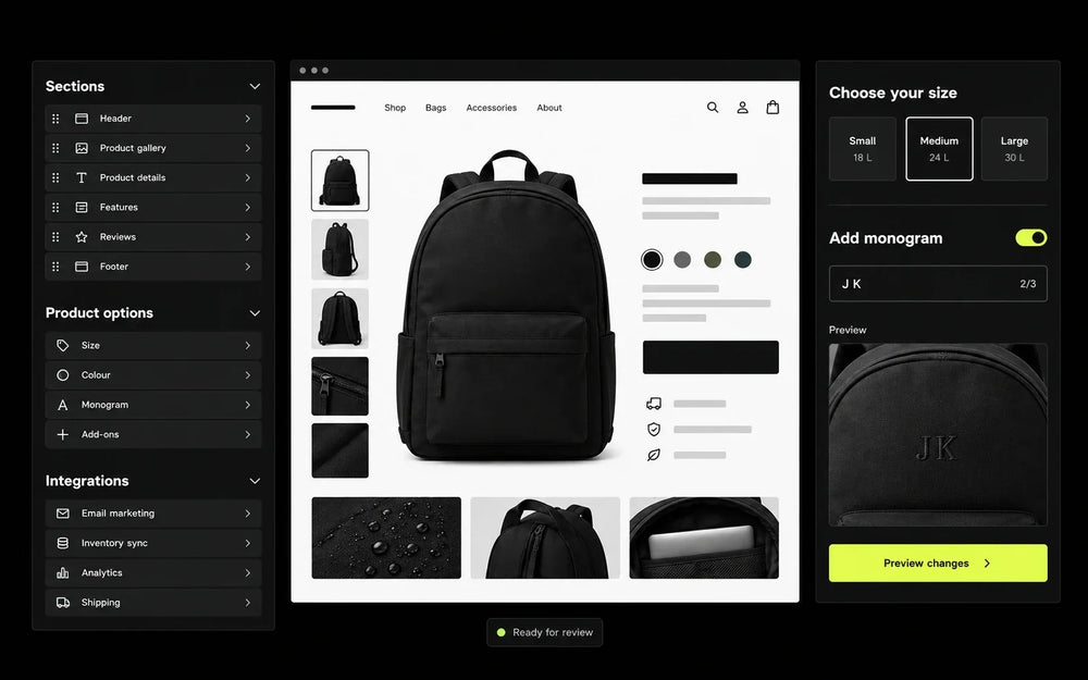 Custom product options and theme development workspace