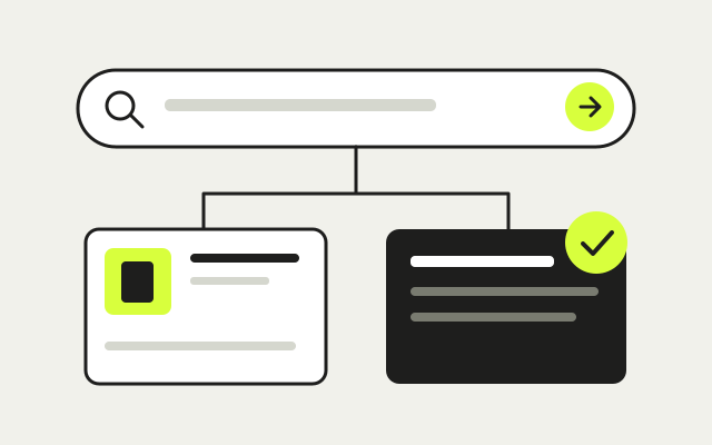 Illustration of product information connected to search and an AI answer